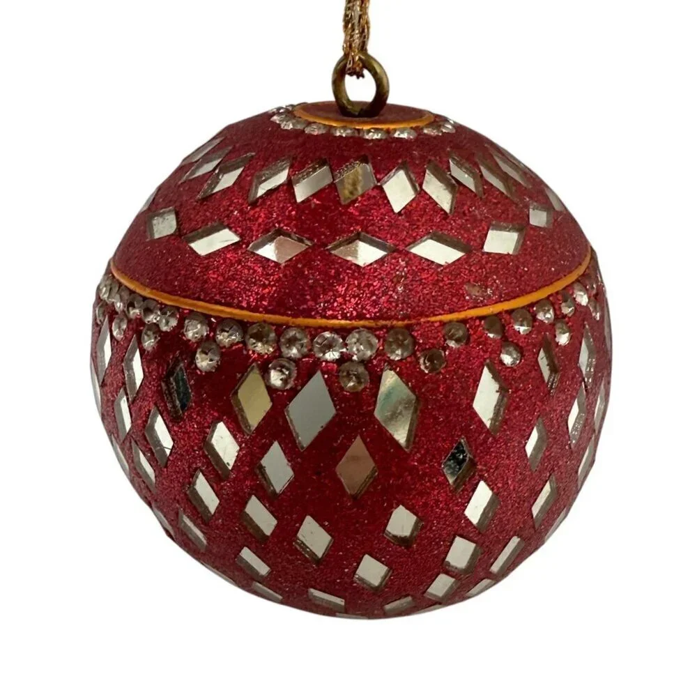 Vintage Indian Beaded Mirror Ball Christmas Ornament Boho Hippie Red Blue Gold